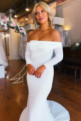 Effortlessly Simple White Boho Mermaid Long Wedding Dress with Sleeves