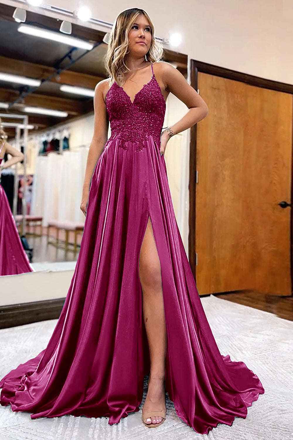 Dark Green Satin A-Line Appliques Prom Dress with Slit