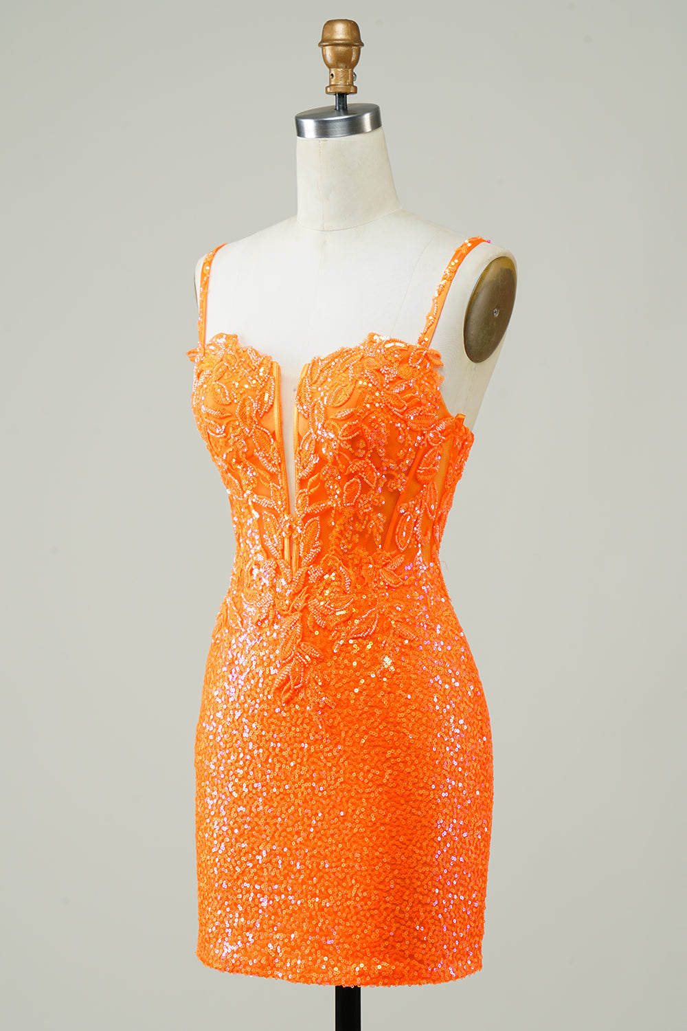 Glitter Orange Tight Homecoming Dress with Beaded