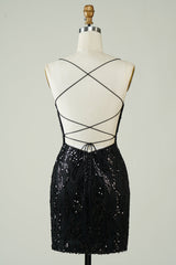 Black Sequins Spaghetti Straps Tight Homecoming Dress