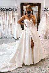 Timeless White Satin Long A-Line Wedding Dress with Slit