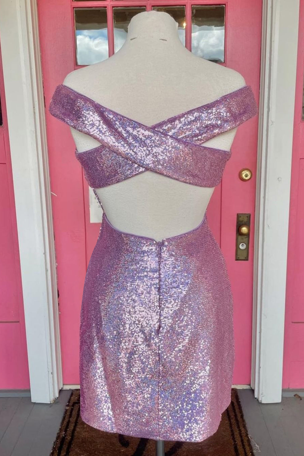 Sparkly Fuchsia Off The Shoulder Tight Short Homecoming Dress