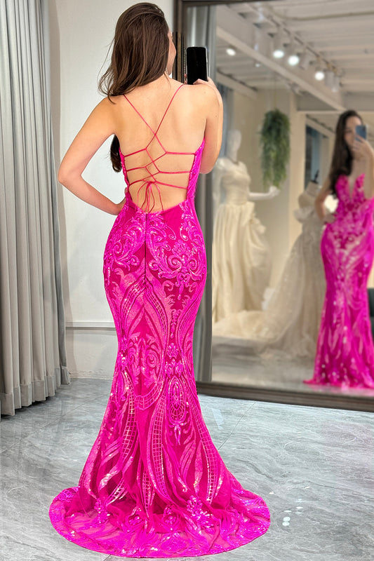 Fuchsia Mermaid Backless Long Prom Dress With Appliques