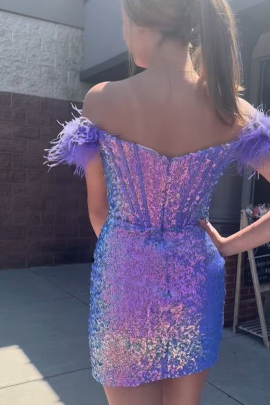 Sparkly Purple Corset Tight Sequins Short Homecoming Dress with Feathers