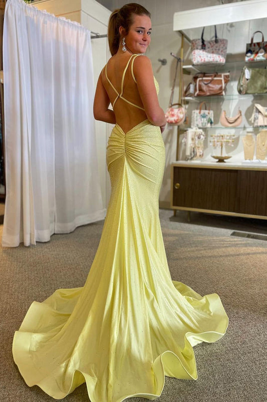 Sparkly Mermaid Spaghetti Straps Yellow Sequins Long Prom Dress