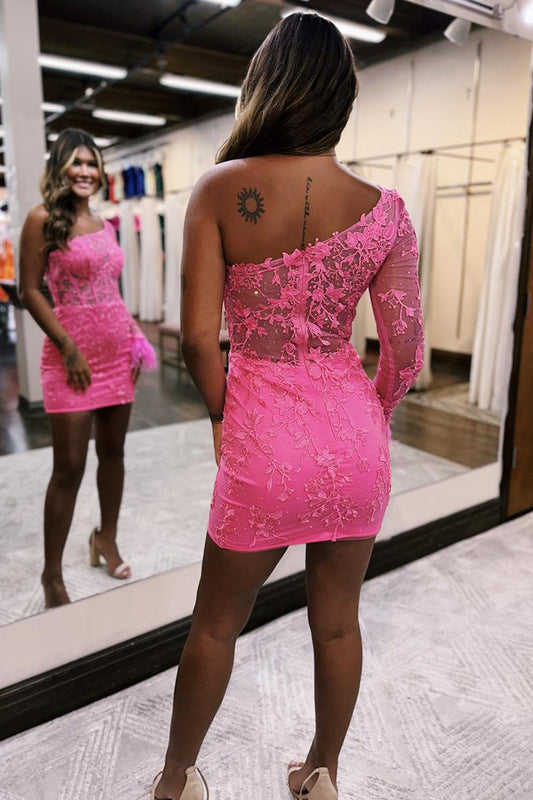 Spakly Pink One Shoulder Corset Tight Short Lace Homecoming Dress with Feathers