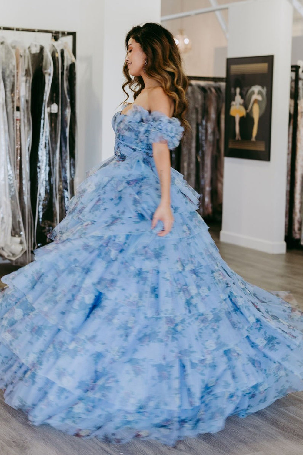 Blue Floral Tiered A-Line Long Prom Dress with Ruffles