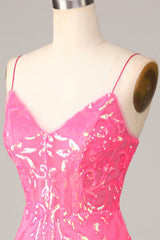 Sheath Spaghetti Straps Fuchsia Sequins Homecoming Dress