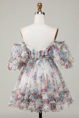 Dark Blue Puff Sleeves A-Line Floral Short Homecoming Dress with Ruffles