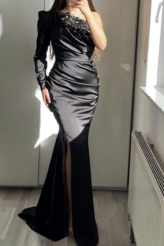 One-Shoulder Long Sleeve Mermaid Evening Dress with Beading Split