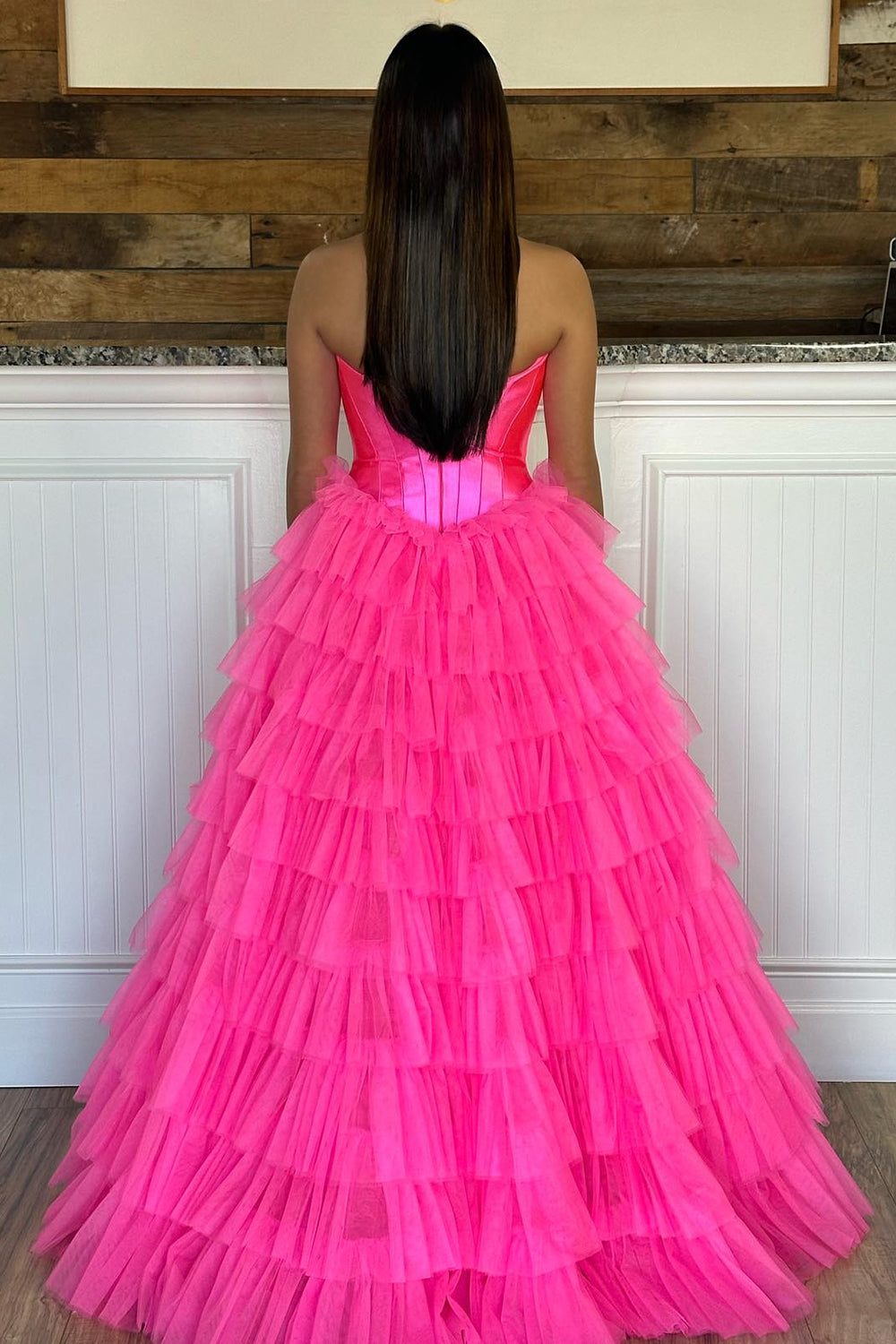 Black Corset Sweetheart A-Line Tiered Long Tulle Prom Dress with Slit