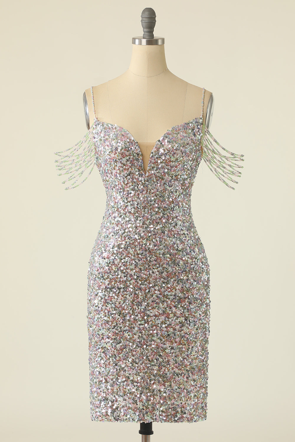 Silver Sequined Cocktail Dress With Fringes