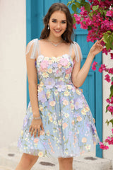 Blue Corset A-Line Short Homecoming Dress with 3D Flowers