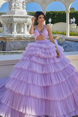 Lilac Ball Gown Evening Dress Sleeveless with Tulle Layered and Beads