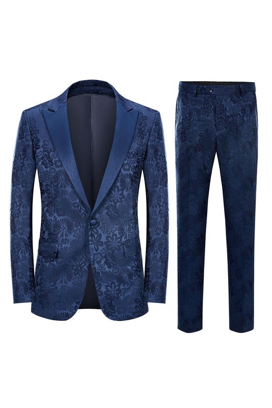 Elegant Dark Blue Peak Lapel Jacquard Men's Prom Suit