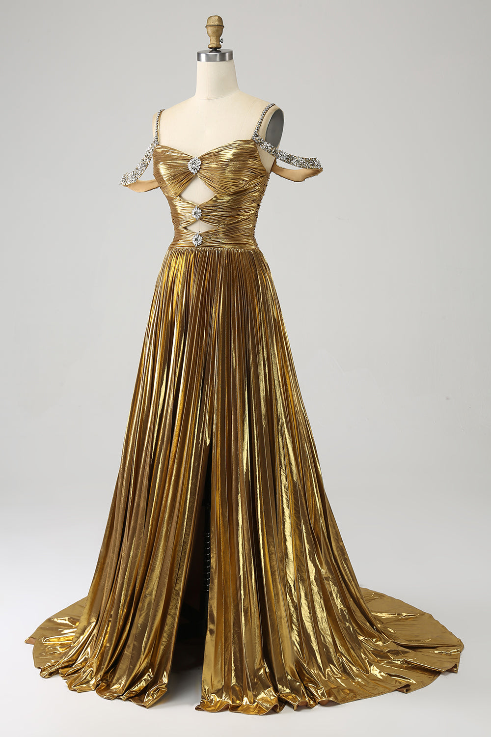 Sparkly Golden Cut Out Beaded A-Line Metallic Pleated Long Prom Dress with Slit