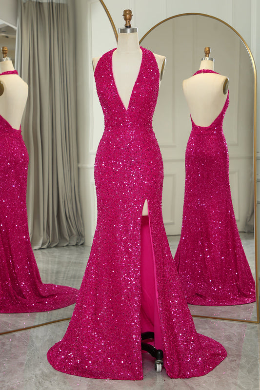 Sparkly Fuchsia Beaded Mermaid V Neck Backless Long Prom Dress With Slit