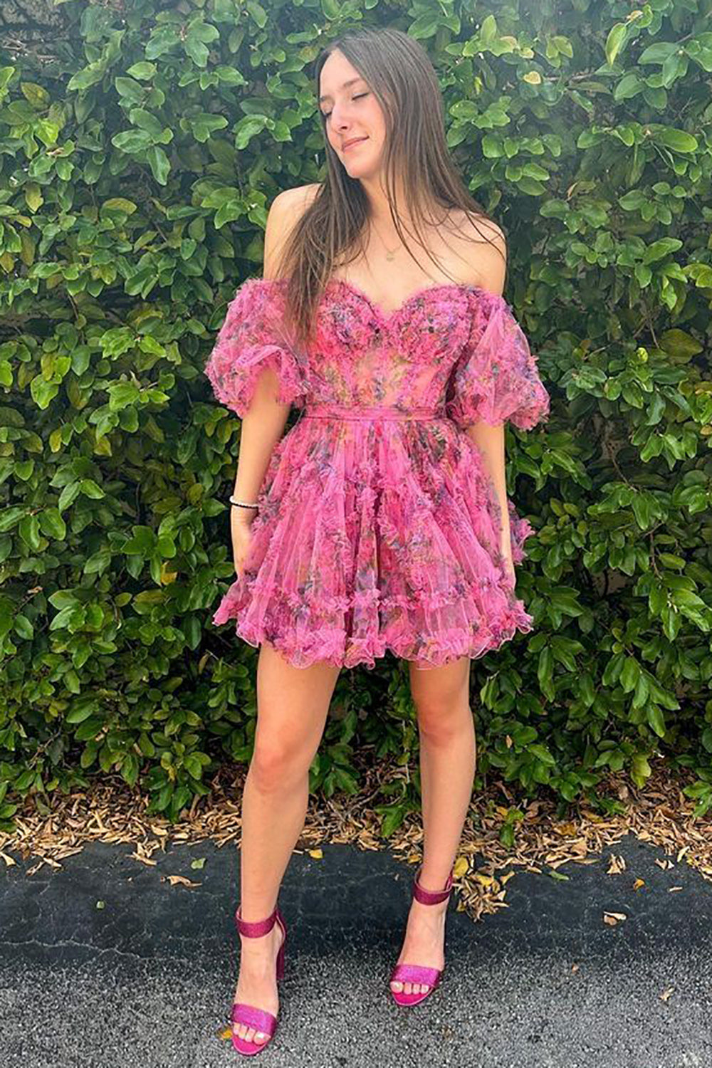 Cute Pink Off-the-Shoulder A-Line Printed Short Homecoming Dress