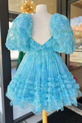 Blue A-Line Sweetheart Puff Sleeve Floral Short Homecoming Dress with Ruffles