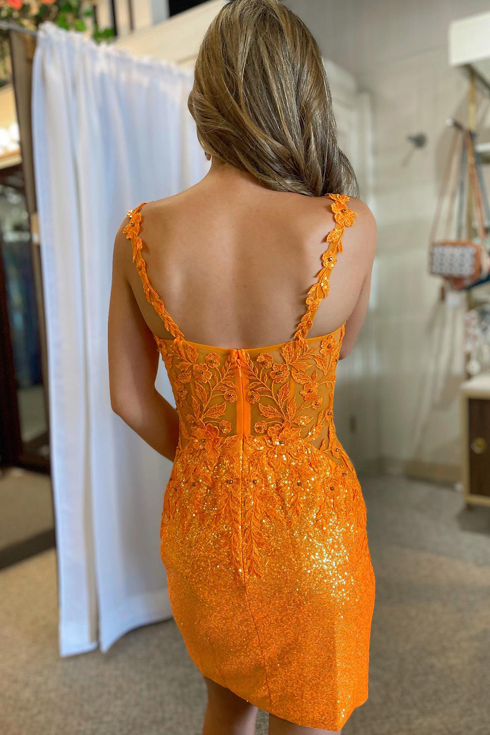 Glitter Orange Corset Sequins Tight Short Homecoming Dress with Appliques