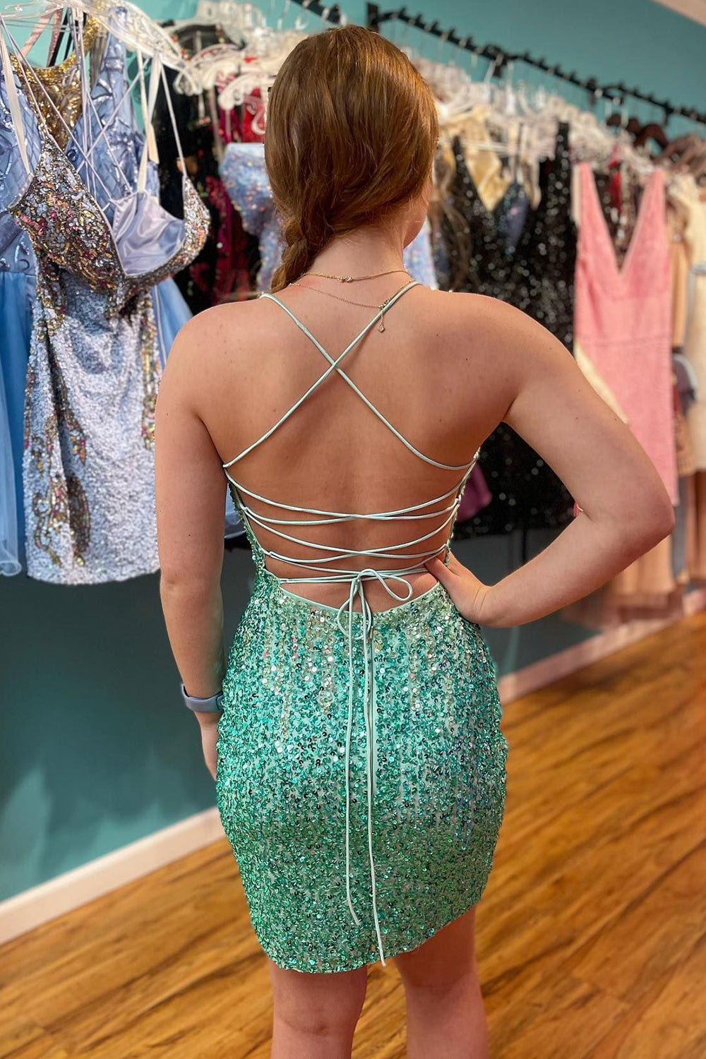 Sparkly Green Sequins Lace-Up Back Tight Homecoming Dress