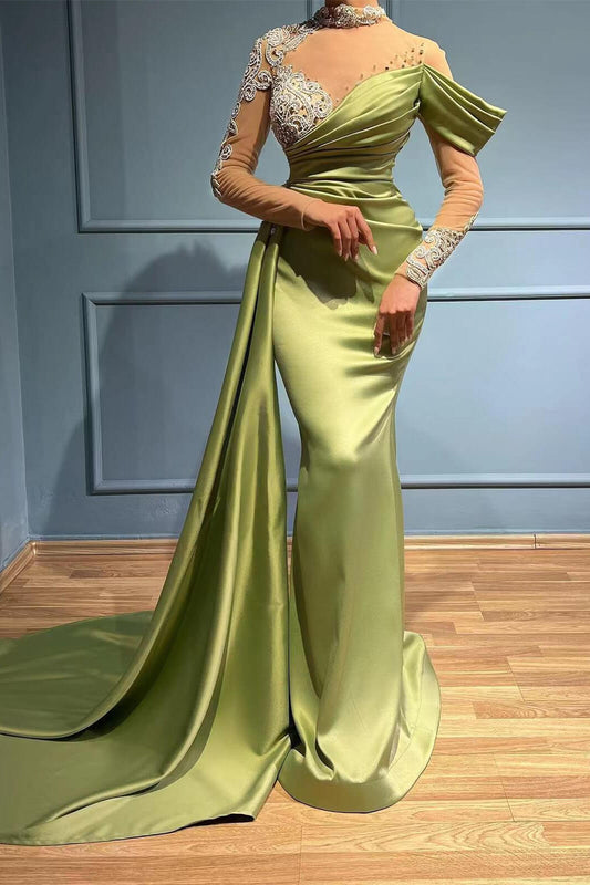 High Neck Mermaid Long Sleeves Appliques Evening Dress Long with Ruffles