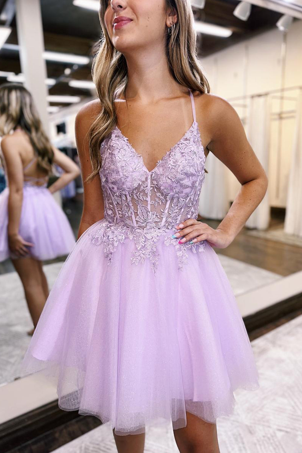 Glitter Lilac Corset A-Line Tulle Short Homecoming Dress with Lace