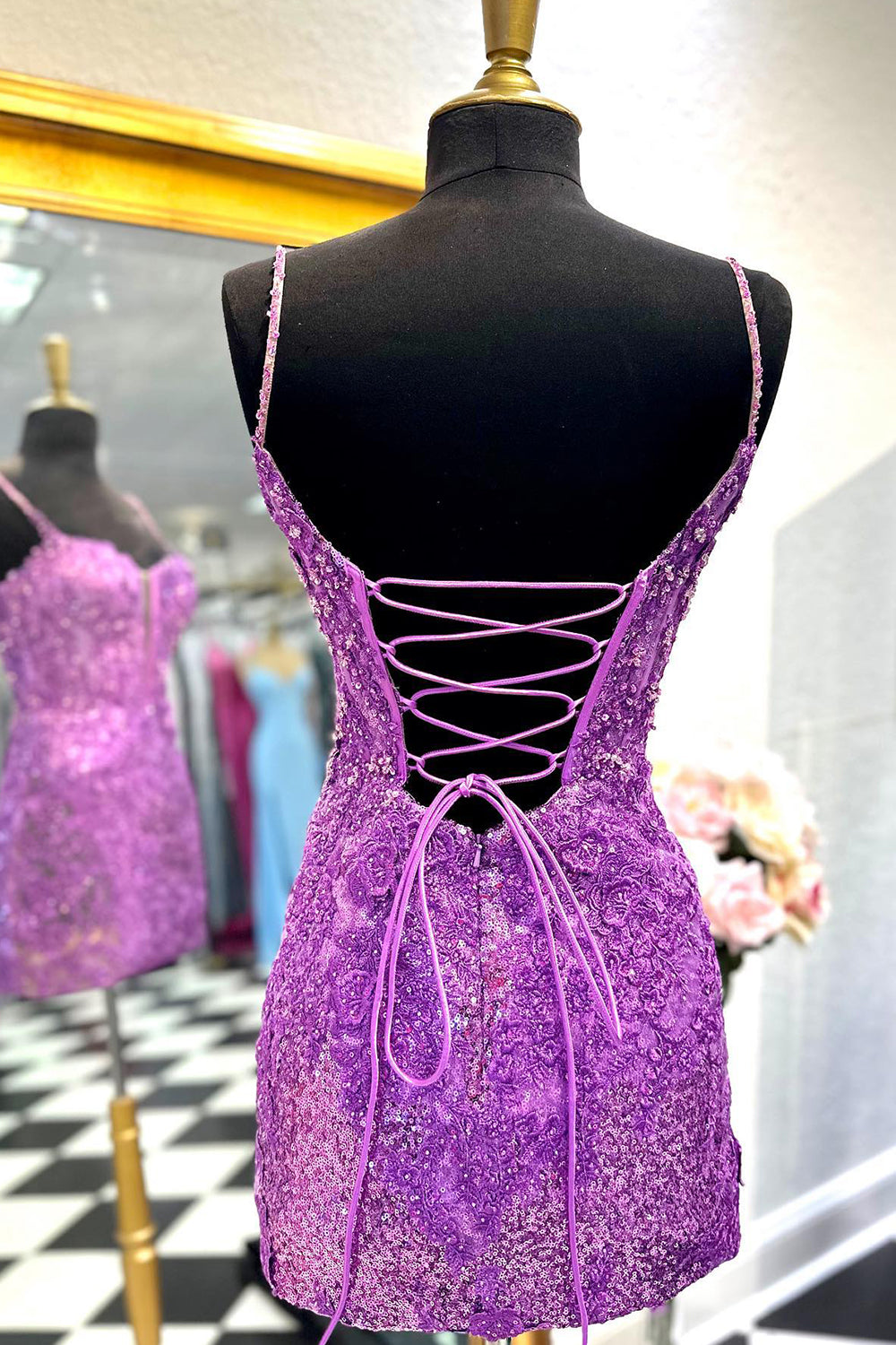 Sparkly Purple Sequin Lace-Up Tight Short Homecoming Dress