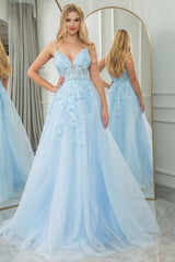 Light Blue A Line Tulle Backless Long Corset Prom Dress With Appliques