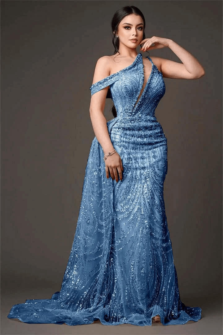 Champagne Mermaid Prom Dress Asymmetric Neck Beaded Formal Dress