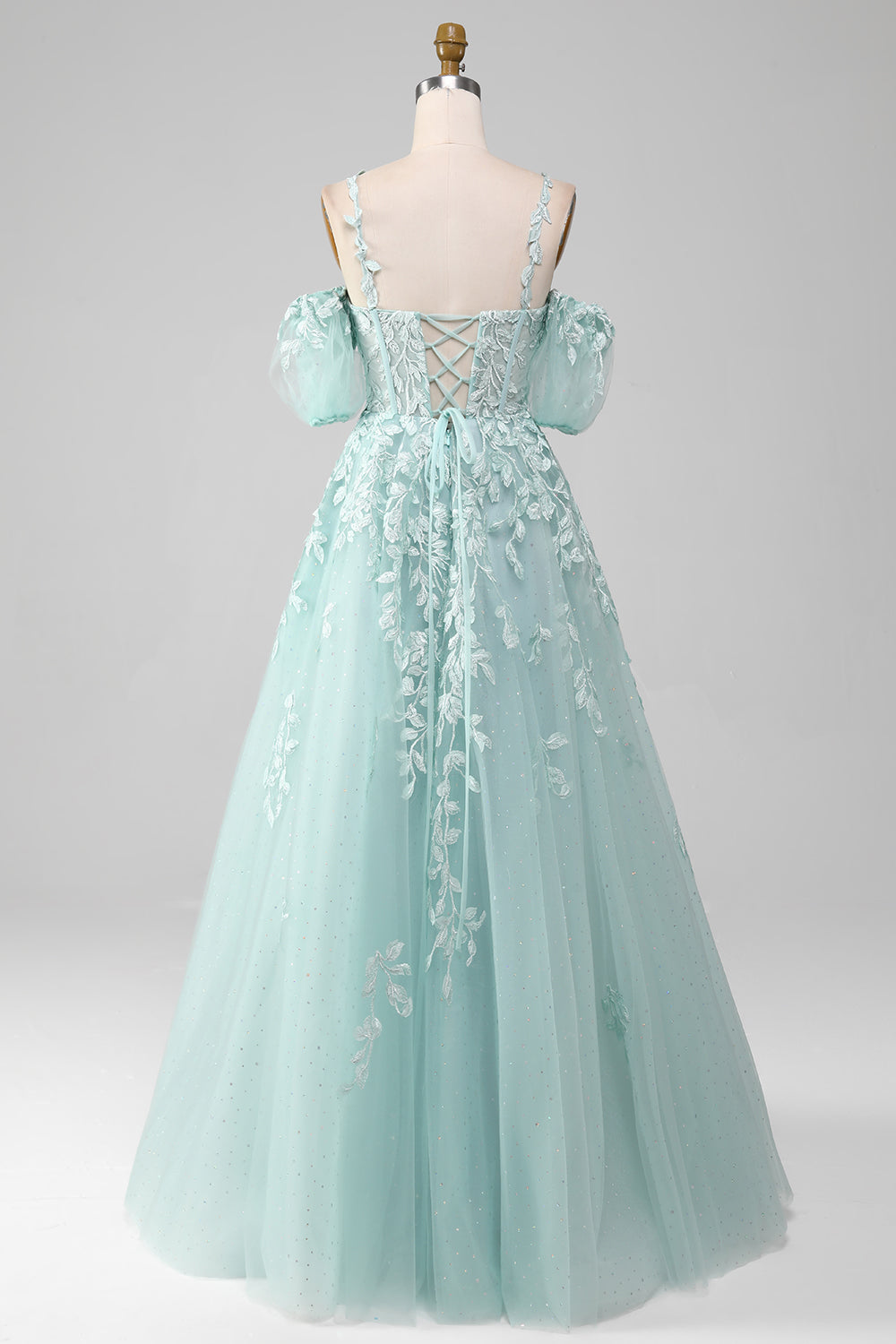 Mint A Line Tulle Off the Shoulder Long Prom Dress With Appliques