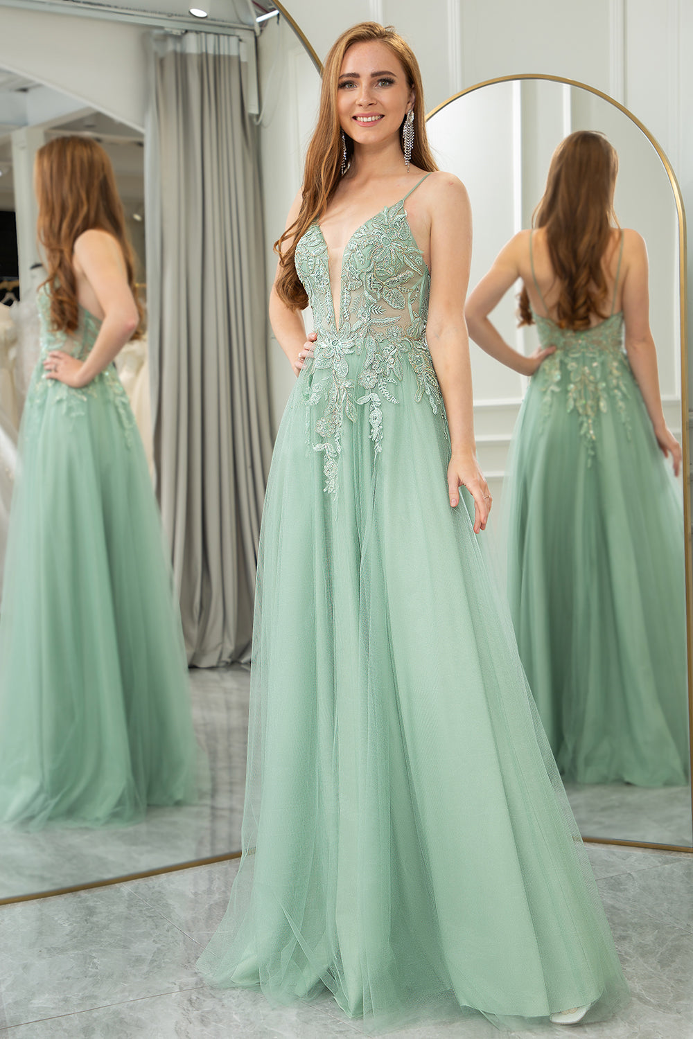 Green A Line Tulle Backless Long Prom Dress With Appliques