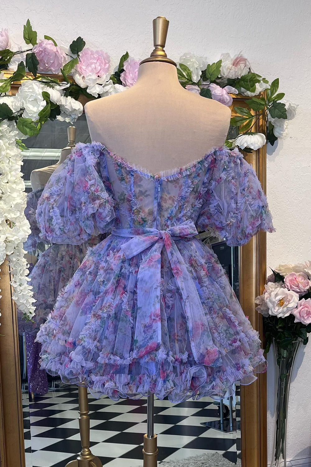 Blue Corset Off The Shoulder Floral A-Line Short Homecoming Dress