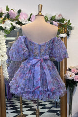 Purple Floral A-Line Short Homecoming Dress