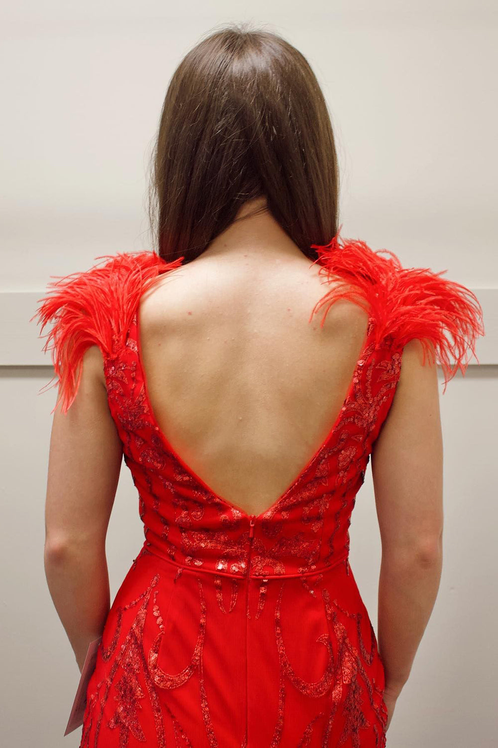 Sparkly Red Sequined Backless Tight Short Homecoming Dress with Feathers