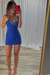 Royal Blue Bodycon V Neck Short Corset Homecoming Dress with Beading