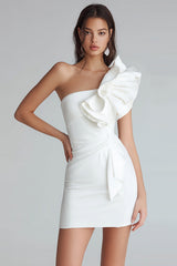 Yellow Satin Satin One Shoulder Short Tight Homecoming Dress with Ruffles