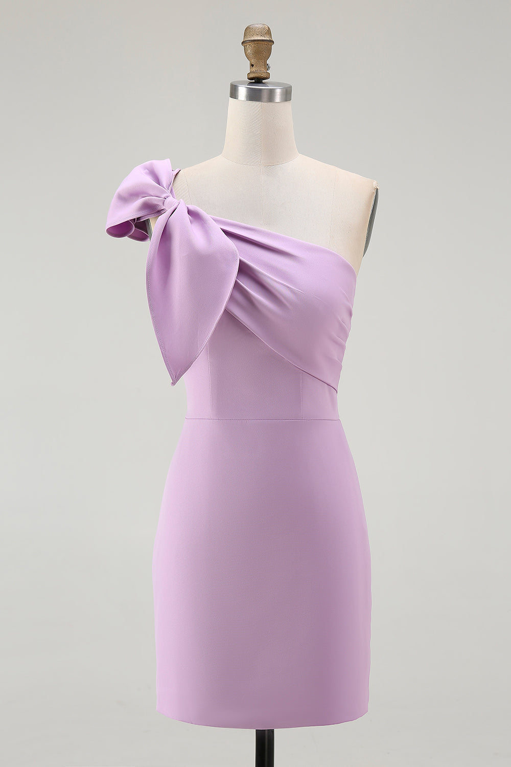 Lilac Satin One Shoulder Ruched Short Tight Homecoming Dress with Bow