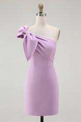 Lilac Satin One Shoulder Ruched Short Tight Homecoming Dress with Bow