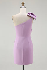 Lilac Satin One Shoulder Ruched Short Tight Homecoming Dress with Bow