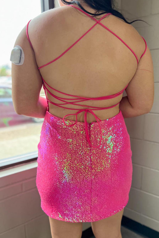 Sparkly Fuchsia Sequins Backless Tight Short Homecoming Dress