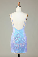 Glitter Blue Sequins Tight Short Homecoming Dress