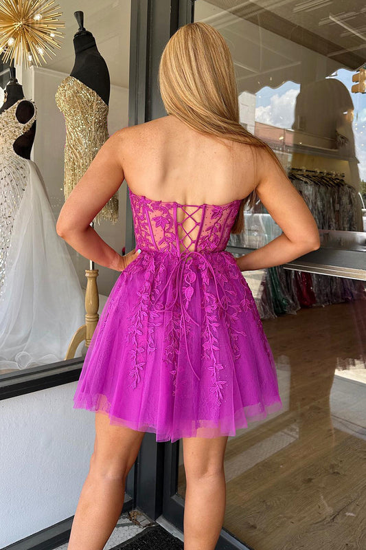 Sparkly Fuchsia Corset A-Line Tulle Short Homecoming Dress with Lace