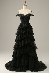 Black Prom Dress Off The Shoulder Tiered Lace Evening Dress