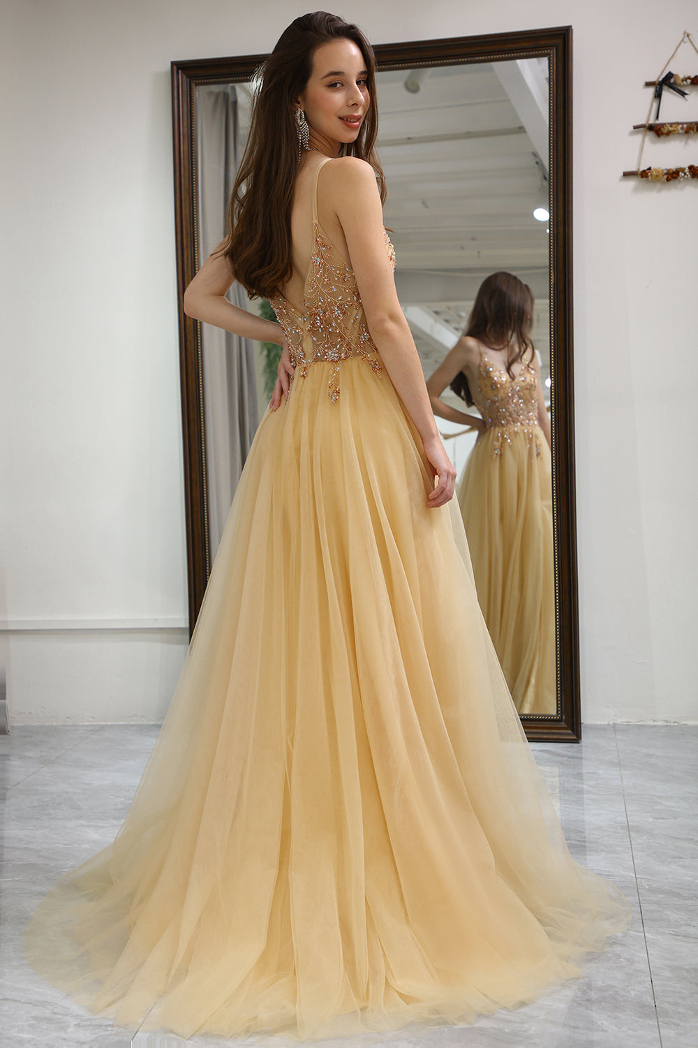 Golden A Line Long Corset Prom Dress With Appliques