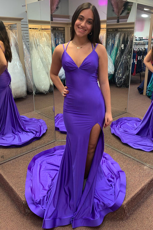 Purple Mermaid Spaghetti Straps Long Prom Dress With Slit