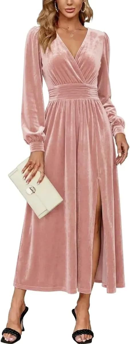 Velvet V-Neck Evening Dress with Bishop Sleeves and Side Slit