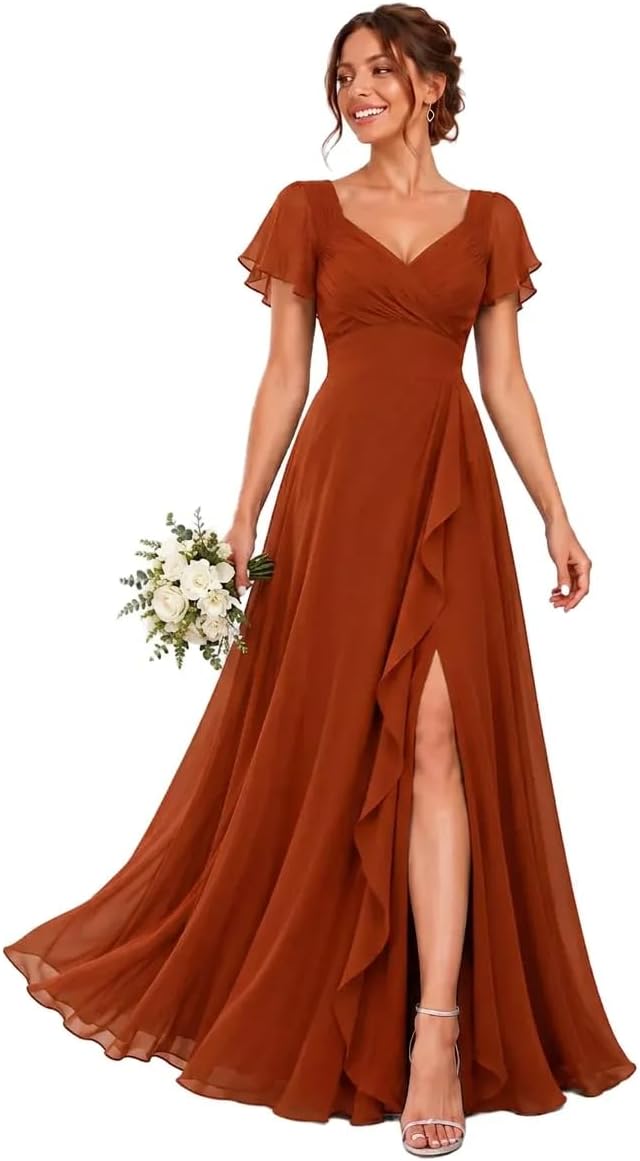 Chiffon V-Neck Bridesmaid Dress with Flutter Sleeves and Slit