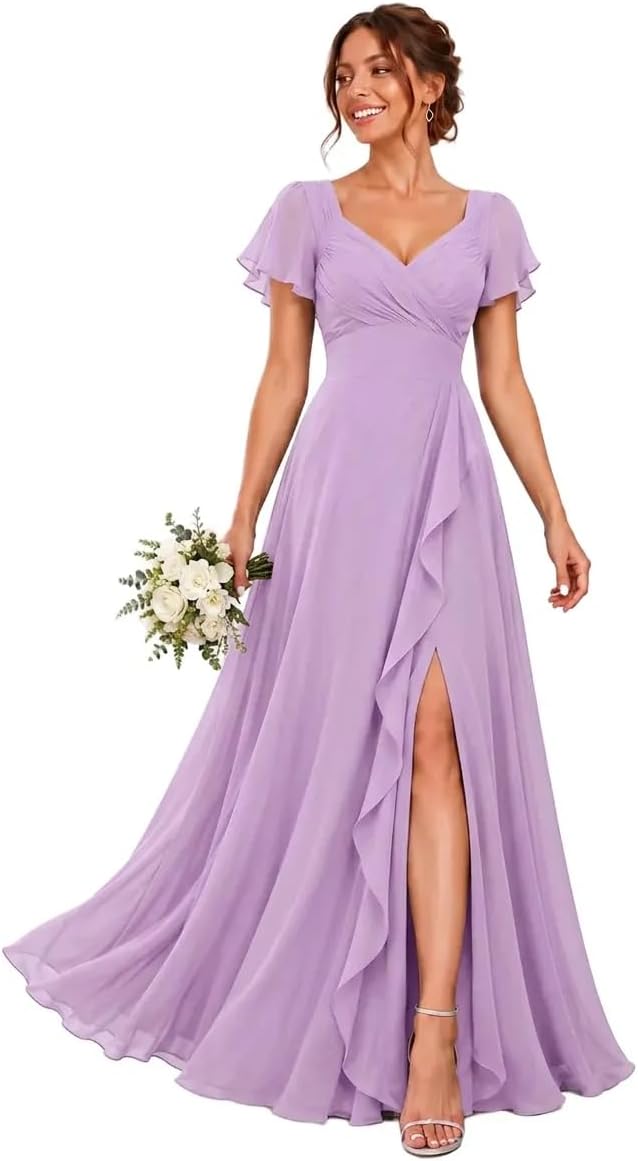Chiffon V-Neck Bridesmaid Dress with Flutter Sleeves and Slit
