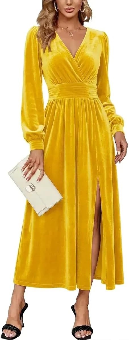 Velvet V-Neck Evening Dress with Bishop Sleeves and Side Slit